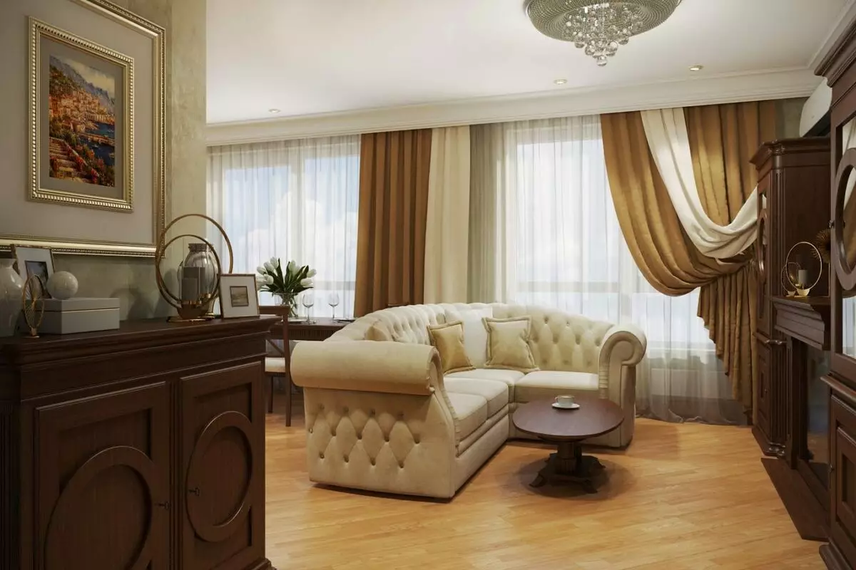在客廳裡的棕色窗簾（26張）：大廳內部的深褐色和淺棕色窗簾。有趣的組合 9788_13