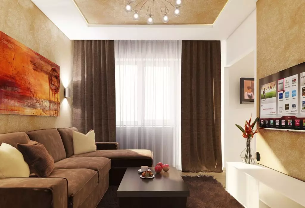 在客廳裡的棕色窗簾（26張）：大廳內部的深褐色和淺棕色窗簾。有趣的組合 9788_2