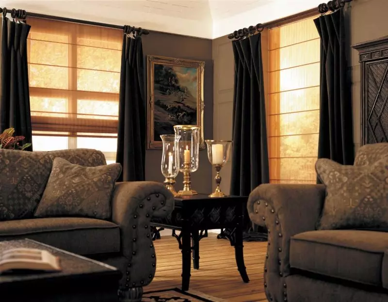 Brown zavese v dnevni sobi (26 photos): temno rjava in svetlo rjave zavese v notranjosti dvorane. Zanimive kombinacije 9788_20