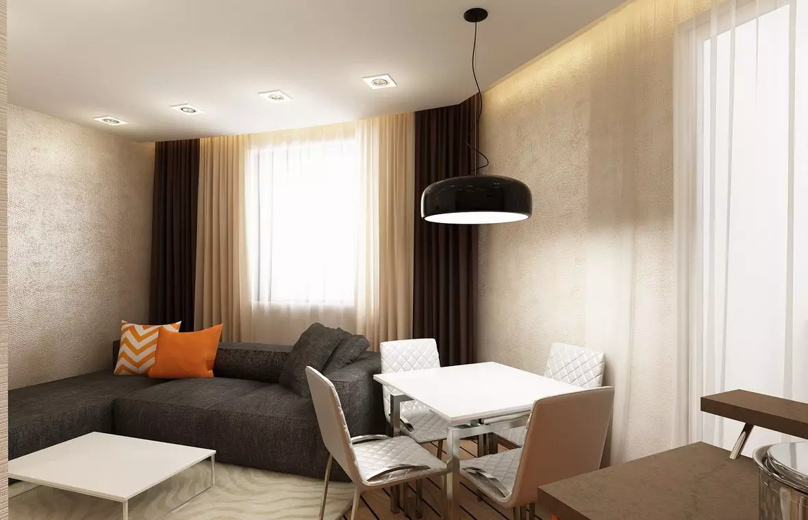 在客廳裡的棕色窗簾（26張）：大廳內部的深褐色和淺棕色窗簾。有趣的組合 9788_5