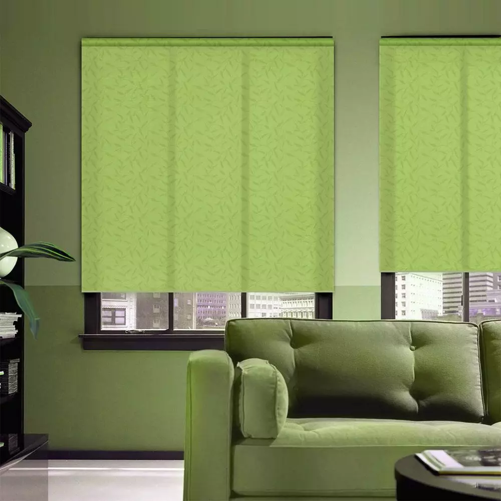 绿色窗帘在客厅内部（51张照片）：绿色窗帘设计在大厅里。内部深绿色和其他色调的窗帘 9790_10
