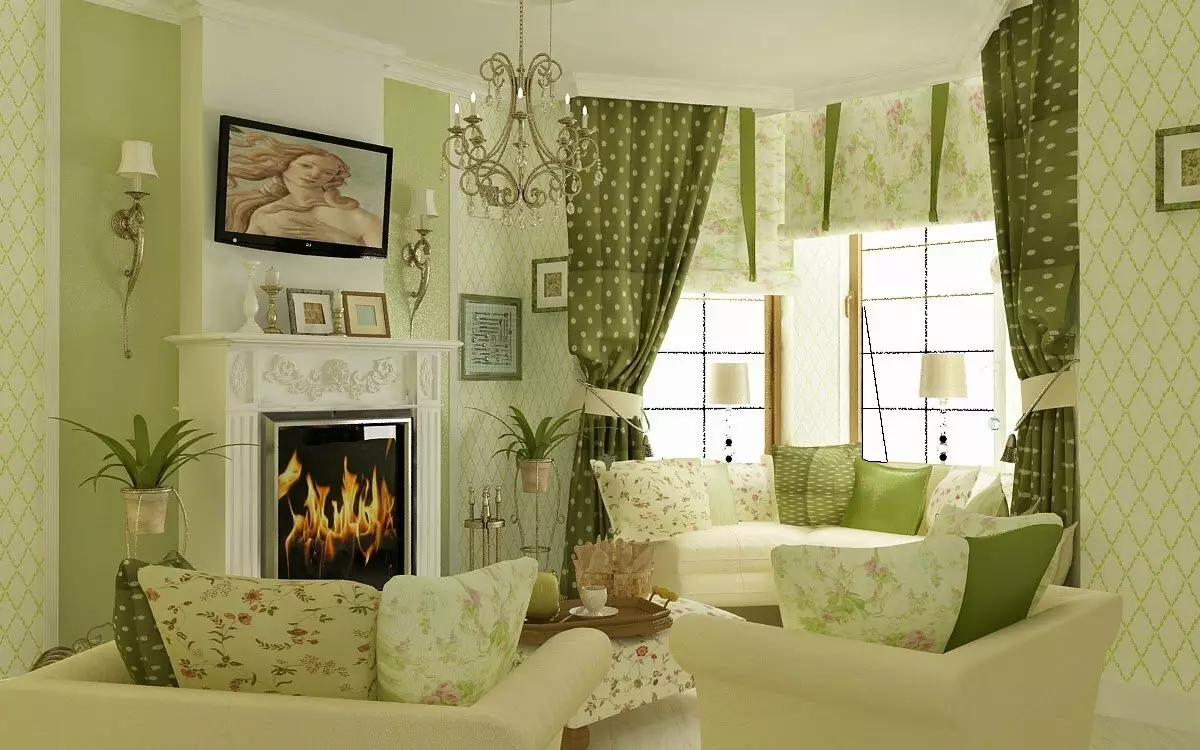 绿色窗帘在客厅内部（51张照片）：绿色窗帘设计在大厅里。内部深绿色和其他色调的窗帘 9790_16