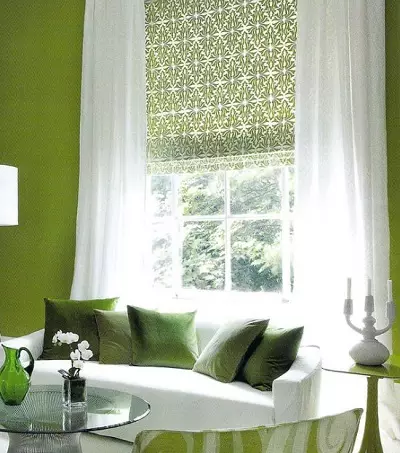 绿色窗帘在客厅内部（51张照片）：绿色窗帘设计在大厅里。内部深绿色和其他色调的窗帘 9790_19