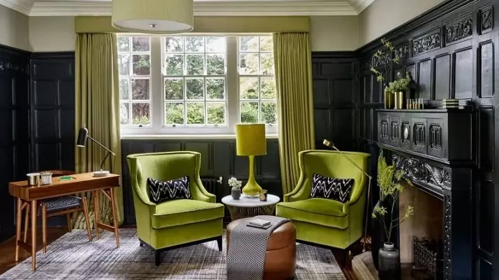 绿色窗帘在客厅内部（51张照片）：绿色窗帘设计在大厅里。内部深绿色和其他色调的窗帘 9790_2