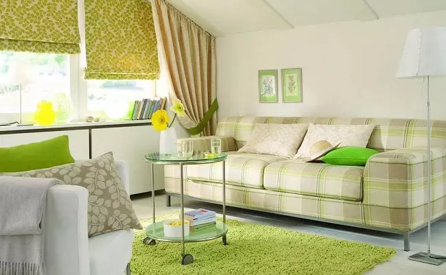 绿色窗帘在客厅内部（51张照片）：绿色窗帘设计在大厅里。内部深绿色和其他色调的窗帘 9790_21