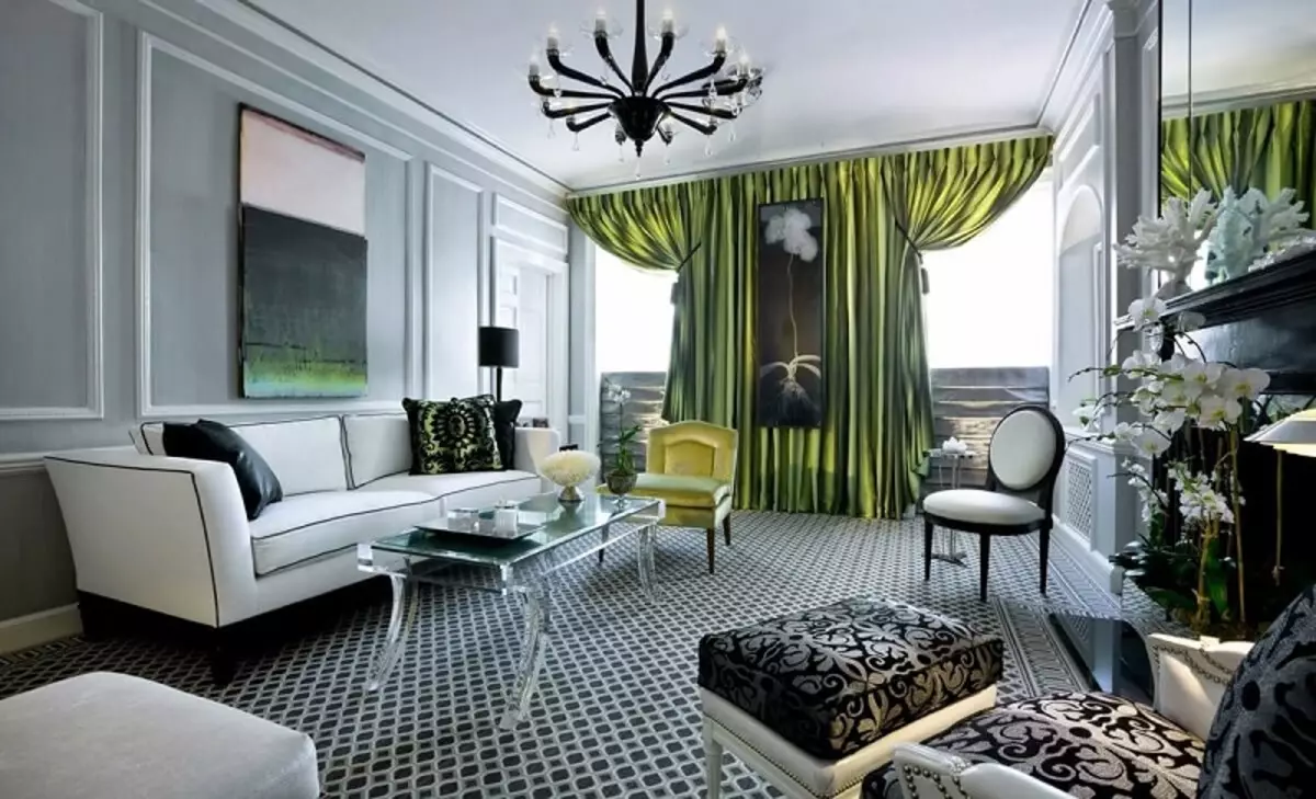 绿色窗帘在客厅内部（51张照片）：绿色窗帘设计在大厅里。内部深绿色和其他色调的窗帘 9790_33