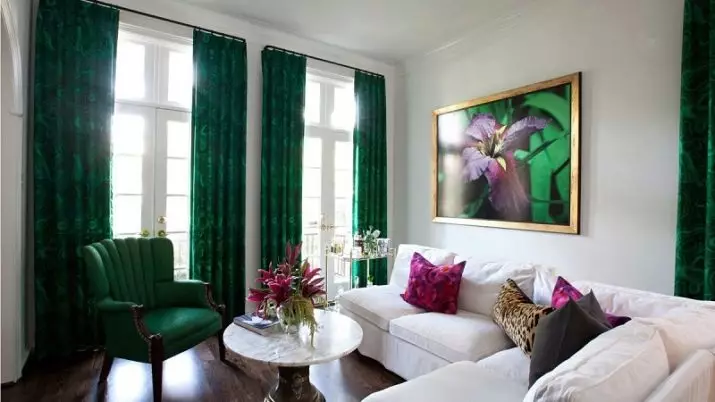 绿色窗帘在客厅内部（51张照片）：绿色窗帘设计在大厅里。内部深绿色和其他色调的窗帘 9790_39