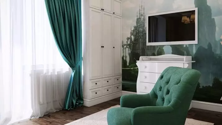 绿色窗帘在客厅内部（51张照片）：绿色窗帘设计在大厅里。内部深绿色和其他色调的窗帘 9790_40