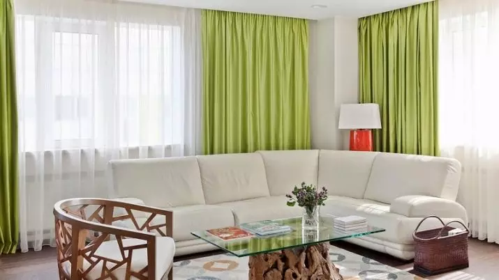 绿色窗帘在客厅内部（51张照片）：绿色窗帘设计在大厅里。内部深绿色和其他色调的窗帘 9790_42