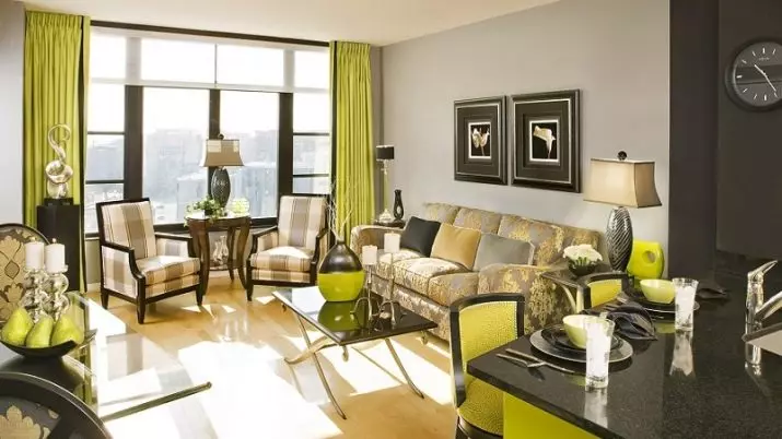 绿色窗帘在客厅内部（51张照片）：绿色窗帘设计在大厅里。内部深绿色和其他色调的窗帘 9790_43