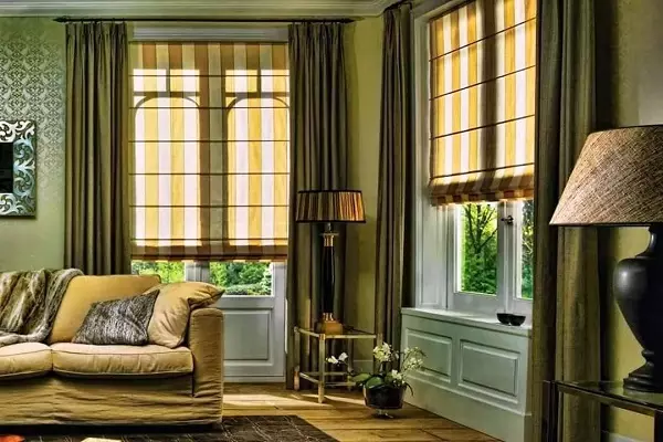 绿色窗帘在客厅内部（51张照片）：绿色窗帘设计在大厅里。内部深绿色和其他色调的窗帘 9790_7