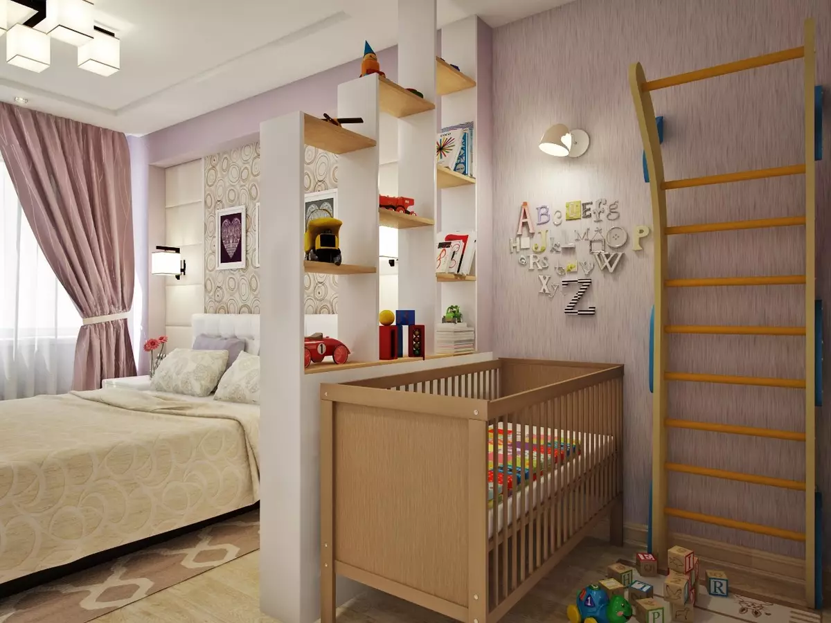 Dhoma gjumi, e kombinuar me fëmijët (57 foto): Dhoma zinxhir zinxhir, shtëpive prindërore të brendshme me dhomë gjumi 9798_17