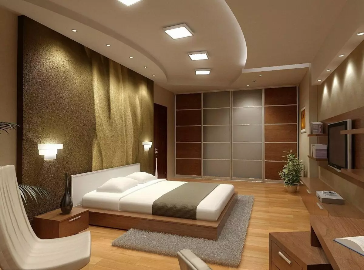 带拉伸天花板的卧室里照明（35张照片）：如何定位天花板点灯具？在卧室内部的磨砂和光泽天花板上的光线位置 9801_14