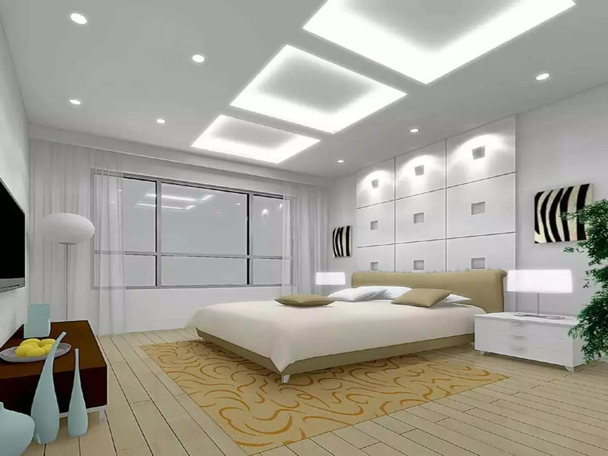 带拉伸天花板的卧室里照明（35张照片）：如何定位天花板点灯具？在卧室内部的磨砂和光泽天花板上的光线位置 9801_15