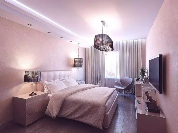 带拉伸天花板的卧室里照明（35张照片）：如何定位天花板点灯具？在卧室内部的磨砂和光泽天花板上的光线位置 9801_16