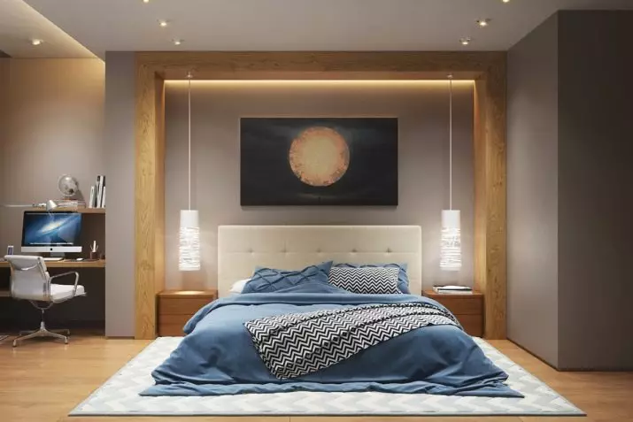 带拉伸天花板的卧室里照明（35张照片）：如何定位天花板点灯具？在卧室内部的磨砂和光泽天花板上的光线位置 9801_17