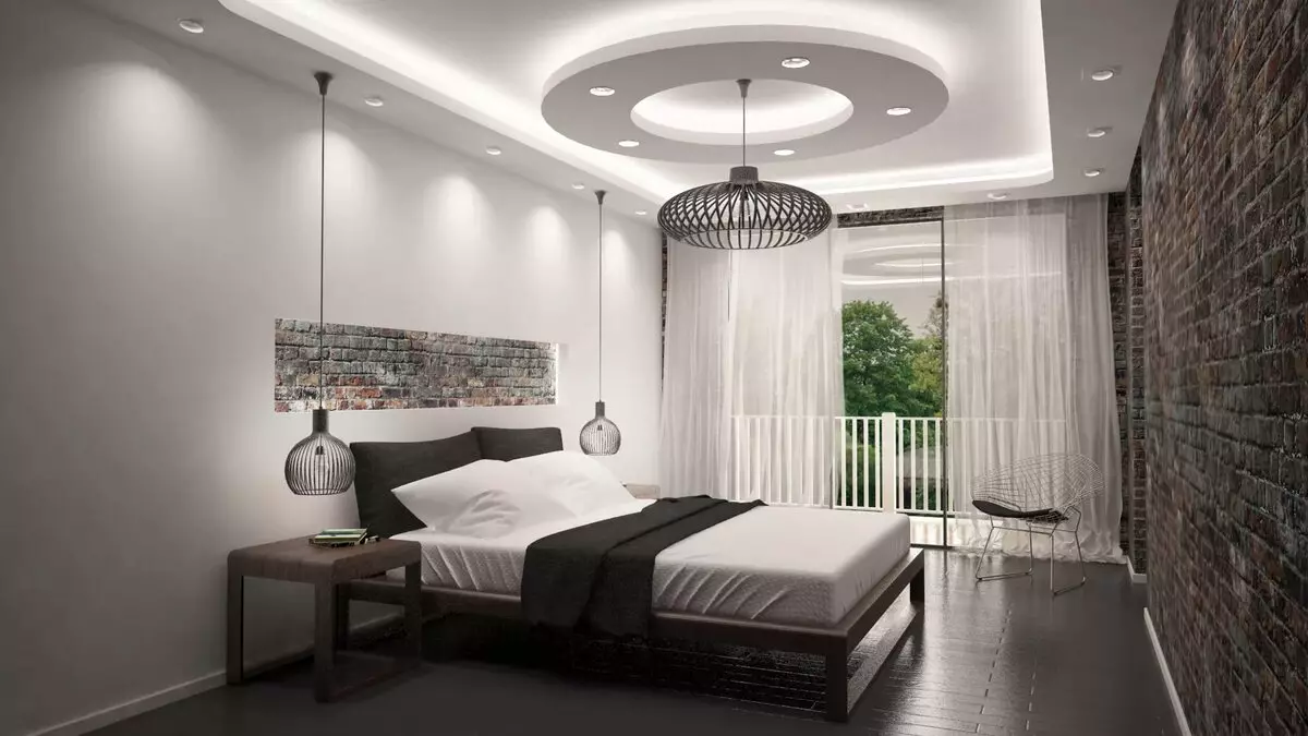 带拉伸天花板的卧室里照明（35张照片）：如何定位天花板点灯具？在卧室内部的磨砂和光泽天花板上的光线位置 9801_2