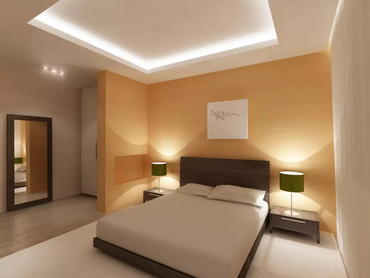 带拉伸天花板的卧室里照明（35张照片）：如何定位天花板点灯具？在卧室内部的磨砂和光泽天花板上的光线位置 9801_25