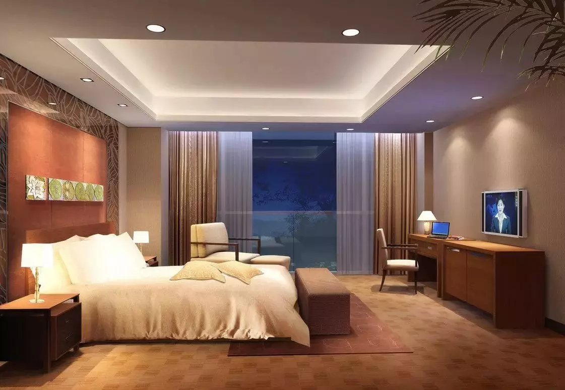 带拉伸天花板的卧室里照明（35张照片）：如何定位天花板点灯具？在卧室内部的磨砂和光泽天花板上的光线位置 9801_5