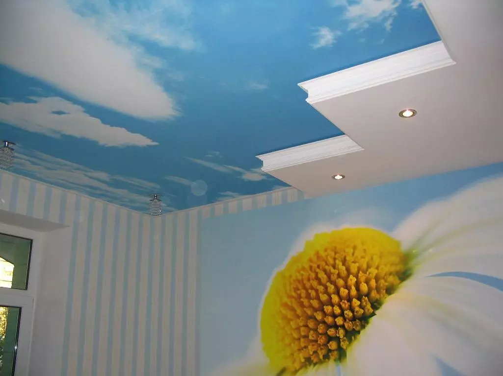 Plafond dans la chambre (62 photos): Conception de plafond avec motif. Quel plafond vaut mieux faire? Miroir duplex et de beaux plafonds flagrant 9802_24