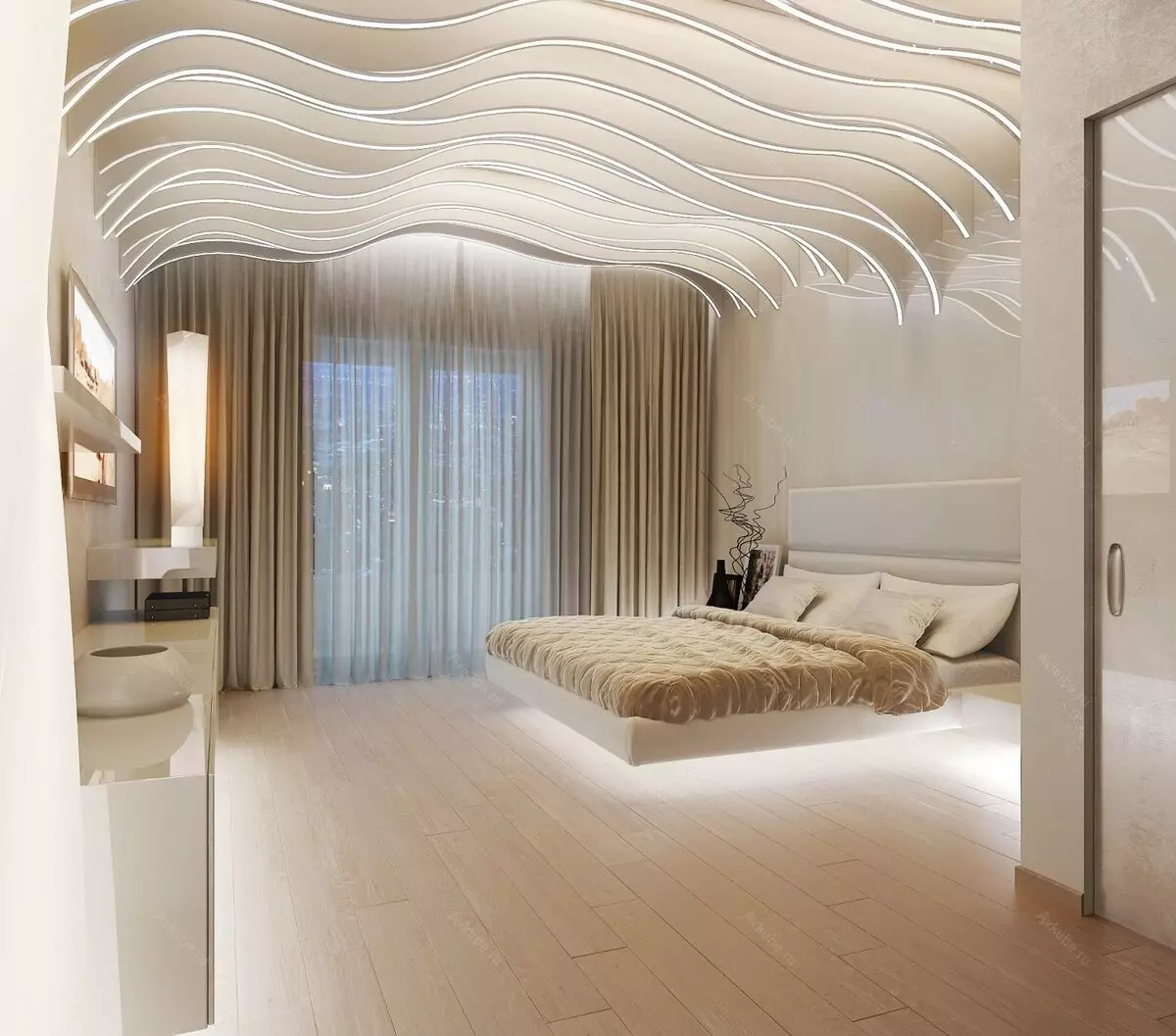 Tavan në dhomën e gjumit (62 foto): Dizajni i tavanit me një model. Cili tavan është më i mirë për të bërë? Pasqyrë duplex dhe tavane të bukura 9802_3