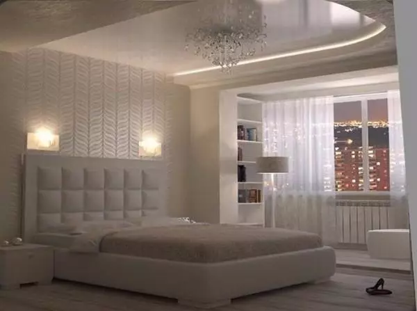 Tavan në dhomën e gjumit (62 foto): Dizajni i tavanit me një model. Cili tavan është më i mirë për të bërë? Pasqyrë duplex dhe tavane të bukura 9802_31
