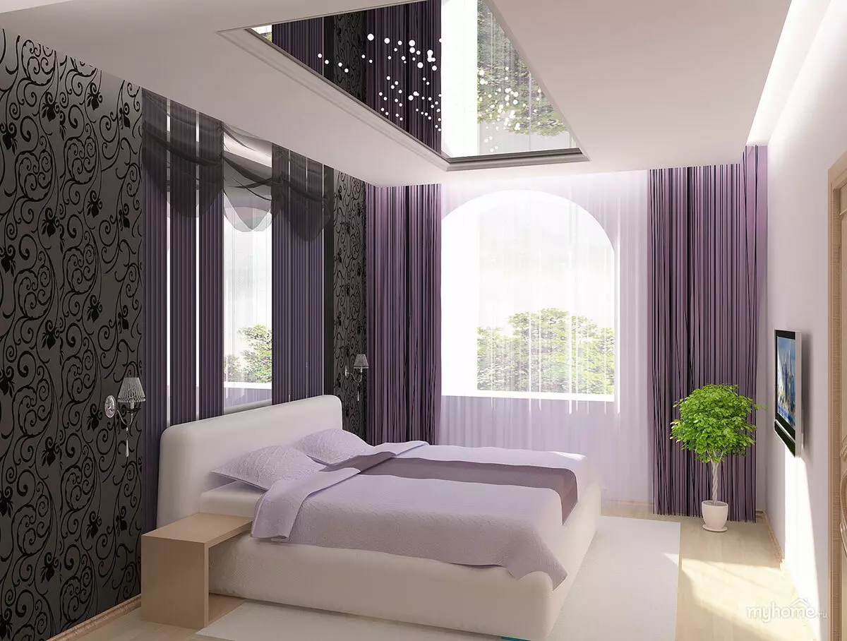 Tavan në dhomën e gjumit (62 foto): Dizajni i tavanit me një model. Cili tavan është më i mirë për të bërë? Pasqyrë duplex dhe tavane të bukura 9802_39