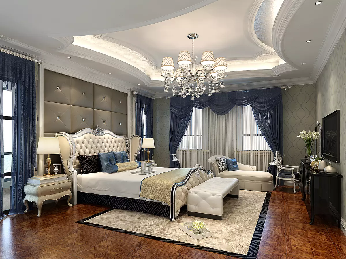 Plafond in de slaapkamer (62 foto's): plafond ontwerp met een patroon. Welke plafond is beter te doen? Mirror duplex en mooie hoge plafonds 9802_59
