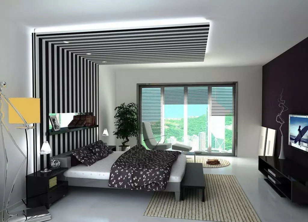 Tavan në dhomën e gjumit (62 foto): Dizajni i tavanit me një model. Cili tavan është më i mirë për të bërë? Pasqyrë duplex dhe tavane të bukura 9802_6