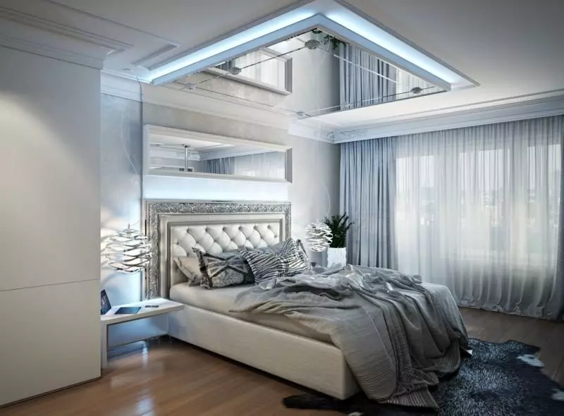 Tavan në dhomën e gjumit (62 foto): Dizajni i tavanit me një model. Cili tavan është më i mirë për të bërë? Pasqyrë duplex dhe tavane të bukura 9802_61