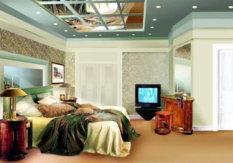 เพดานในห้องนอน (62 ภาพ): การออกแบบเพดานด้วยรูปแบบ ซึ่งเพดานจะดีกว่าที่จะทำอย่างไร? กระจกเพล็กซ์และสวยงามเพดานสูง 9802_62