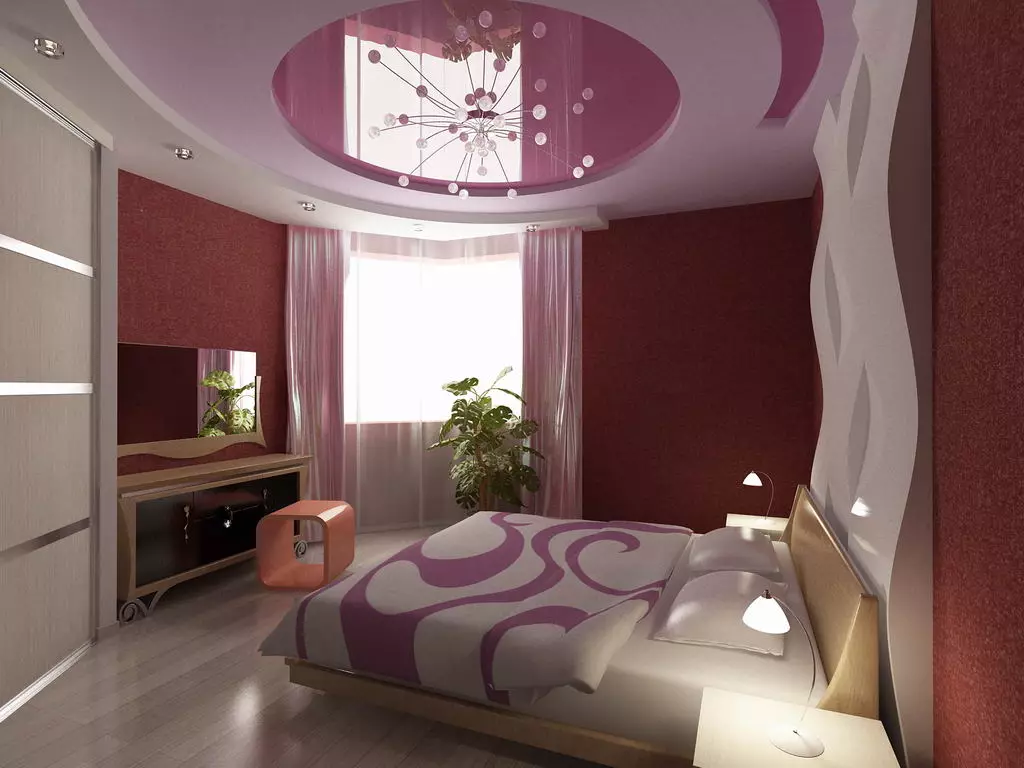 Tavan në dhomën e gjumit (62 foto): Dizajni i tavanit me një model. Cili tavan është më i mirë për të bërë? Pasqyrë duplex dhe tavane të bukura 9802_7