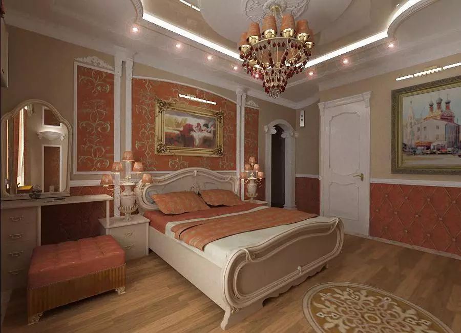 ベッドルームの石膏ボードの天井（54写真）：バックライト付きのマウント2層天井の設計、中断された巻き毛の美しい乾式壁の天井やその他の選択肢 9804_31