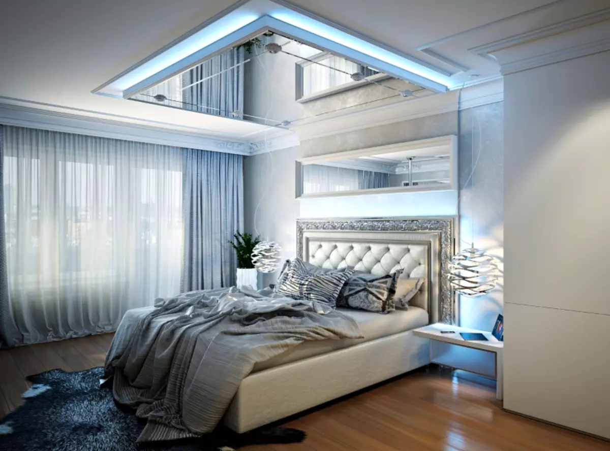 Tavanet e plasave në dhomën e gjumit (54 foto): Dizajnimi i tavaneve të montuara me dy nivele me backlight, pezulluar tavanet e bukur të drywall dhe opsione të tjera 9804_35