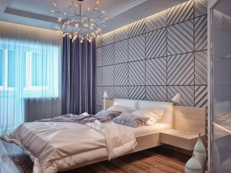 Paneli za spavaće sobe (49 fotografija): Značajke zidova 3D zidova, drvenih i drugih ploča, prekrasnim primjerima dizajna enterijera sa zidnim pločama 9813_12