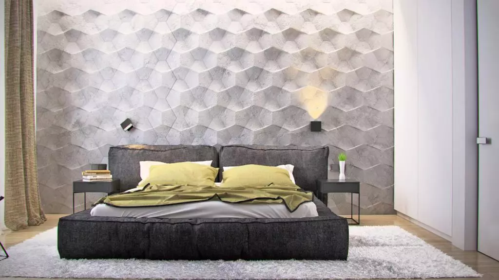 Paneli za spavaće sobe (49 fotografija): Značajke zidova 3D zidova, drvenih i drugih ploča, prekrasnim primjerima dizajna enterijera sa zidnim pločama 9813_14