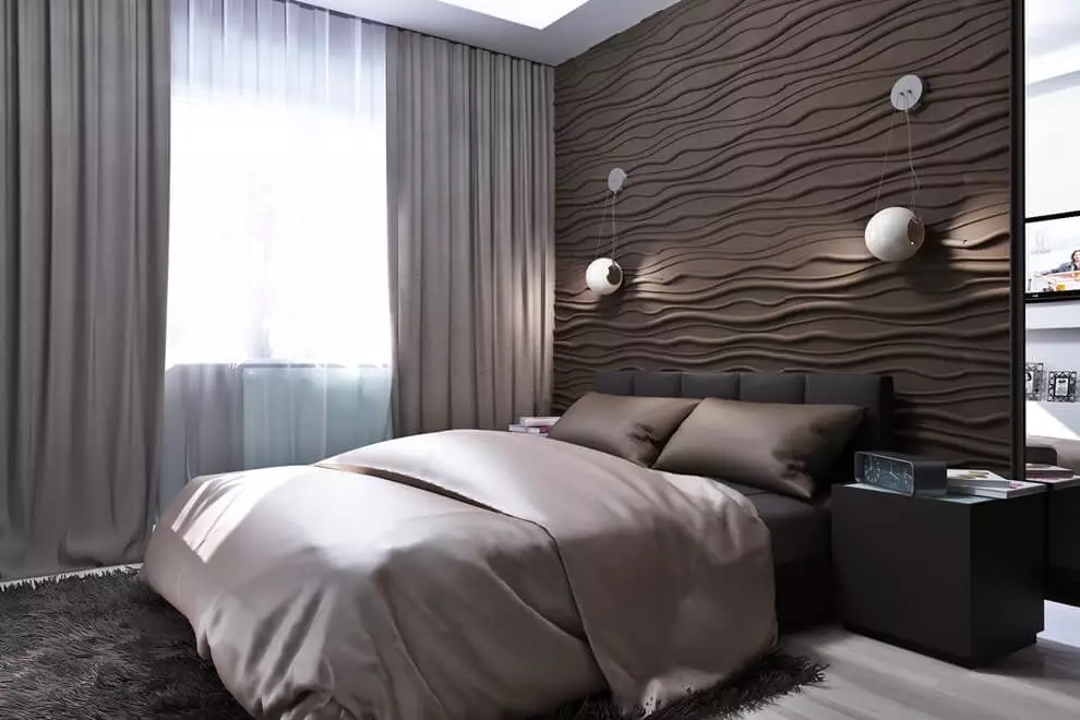 Paneli za spavaće sobe (49 fotografija): Značajke zidova 3D zidova, drvenih i drugih ploča, prekrasnim primjerima dizajna enterijera sa zidnim pločama 9813_2