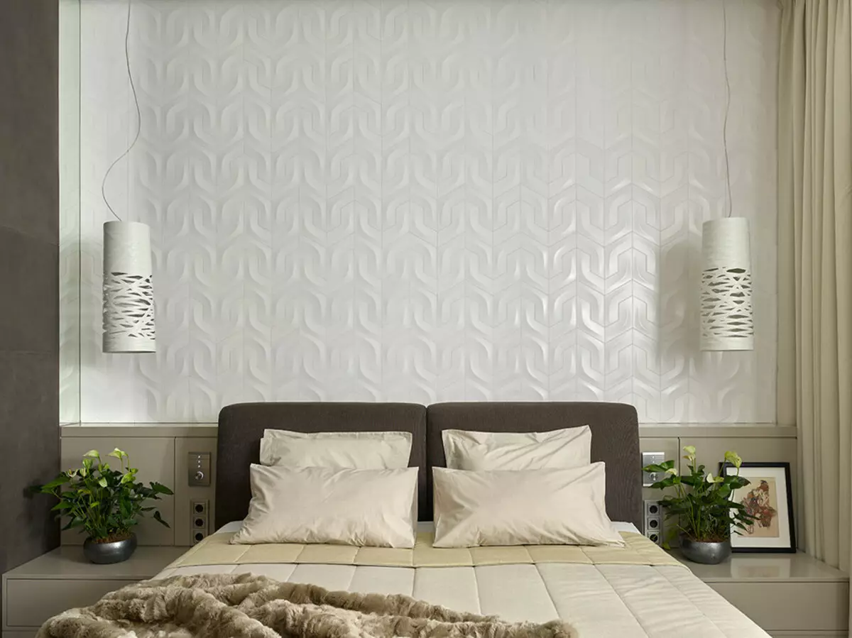 Makuuhuoneen paneelit (49 valokuvaa): 3D-seinien seinien, puisten ja muiden paneelien seinien ominaisuudet, kauniit esimerkit sisustussuunnittelusta seinäpaneeleilla 9813_23