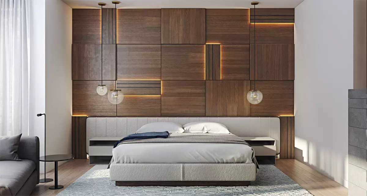 Paneli za spavaće sobe (49 fotografija): Značajke zidova 3D zidova, drvenih i drugih ploča, prekrasnim primjerima dizajna enterijera sa zidnim pločama 9813_26