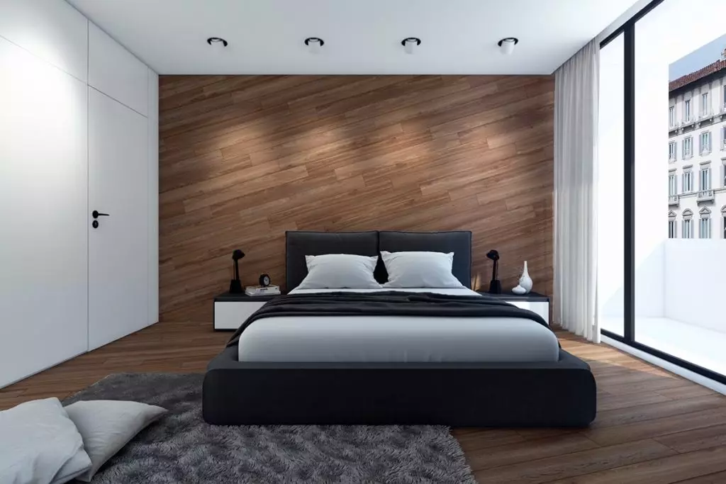 Makuuhuoneen paneelit (49 valokuvaa): 3D-seinien seinien, puisten ja muiden paneelien seinien ominaisuudet, kauniit esimerkit sisustussuunnittelusta seinäpaneeleilla 9813_29