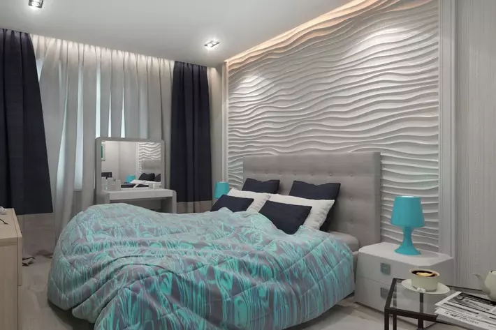 Paneli za spavaće sobe (49 fotografija): Značajke zidova 3D zidova, drvenih i drugih ploča, prekrasnim primjerima dizajna enterijera sa zidnim pločama 9813_35