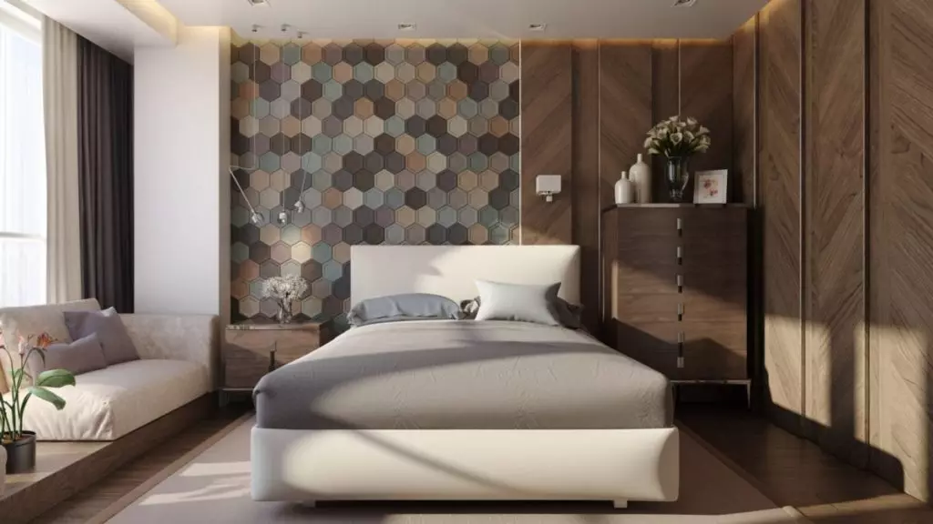 Paneli za spavaće sobe (49 fotografija): Značajke zidova 3D zidova, drvenih i drugih ploča, prekrasnim primjerima dizajna enterijera sa zidnim pločama 9813_7