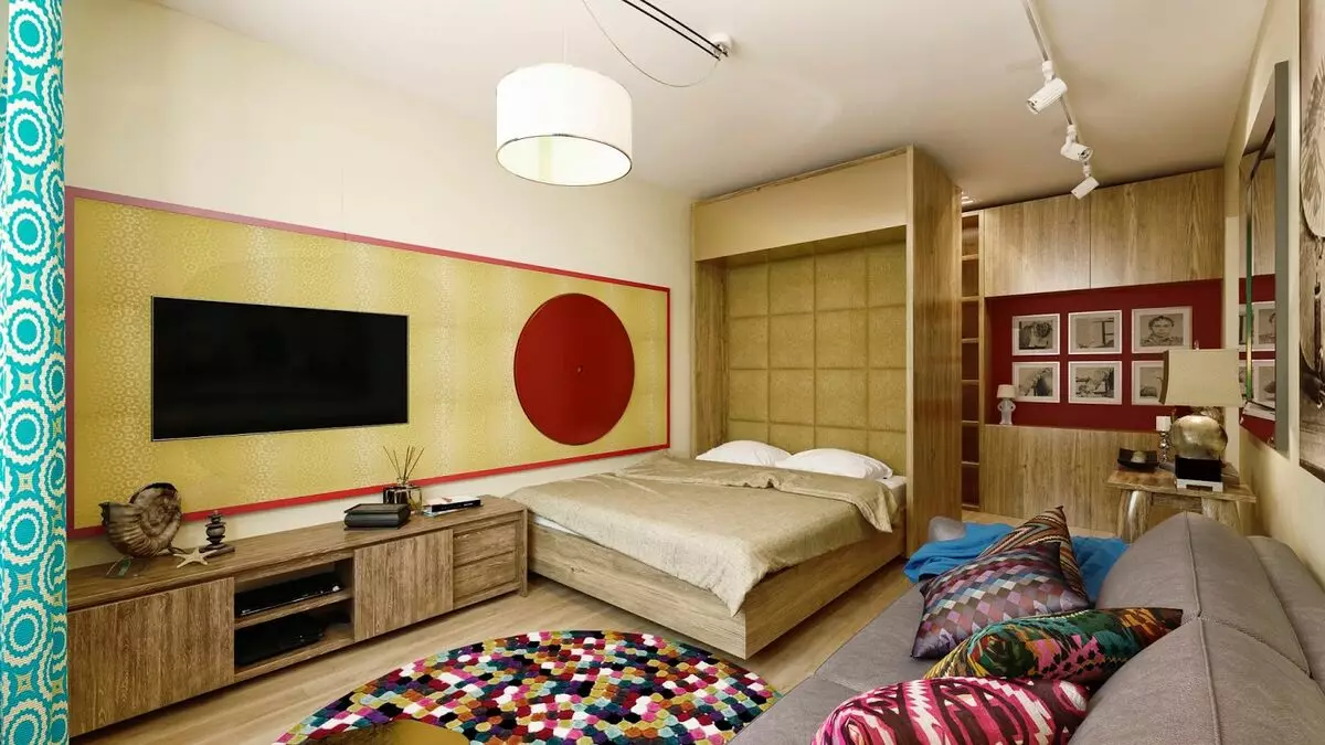 Design camera da letto soggiorno 18 metri quadrati. M (79 foto): interno e zonizzazione di due stanze in una, separazione della sala combinata e camere da letto nell'appartamento, layout della stanza rettangolare 9814_21