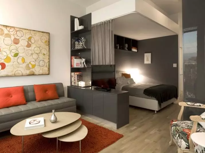 Design magamistoa elutuba 18 ruutmeetrit. M (79 fotot): kahe toa sisemus ja tsoneerimine ühes ühes, kombineeritud saali ja magamistubade eraldamine korteris, ristkülikukujulise ruumi paigutus 9814_27