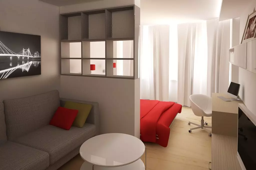 Design soveværelse stue 18 kvadratmeter. M (79 billeder): Interiør og zoning af to værelser i en, adskillelse af kombineret hal og soveværelser i lejligheden, layout af det rektangulære rum 9814_33