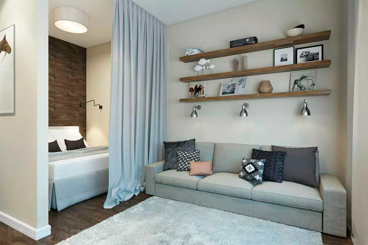 Design magamistoa elutuba 18 ruutmeetrit. M (79 fotot): kahe toa sisemus ja tsoneerimine ühes ühes, kombineeritud saali ja magamistubade eraldamine korteris, ristkülikukujulise ruumi paigutus 9814_34