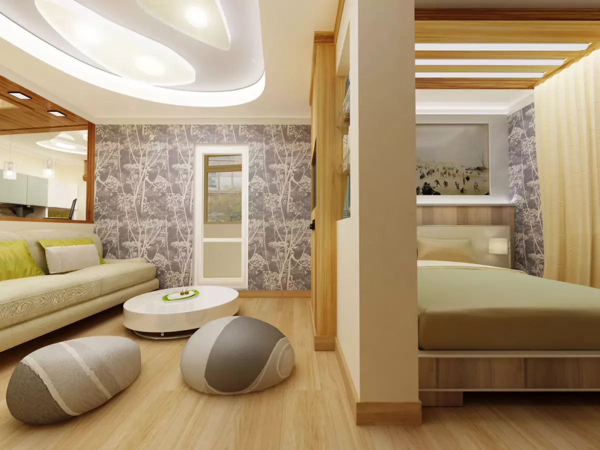 Desain kamar tidur ruang tamu 18 meter persegi. M (79 foto): Interior dan zonasi dua kamar dalam satu, pemisahan ruang gabungan dan kamar tidur di apartemen, tata letak ruang persegi panjang 9814_35