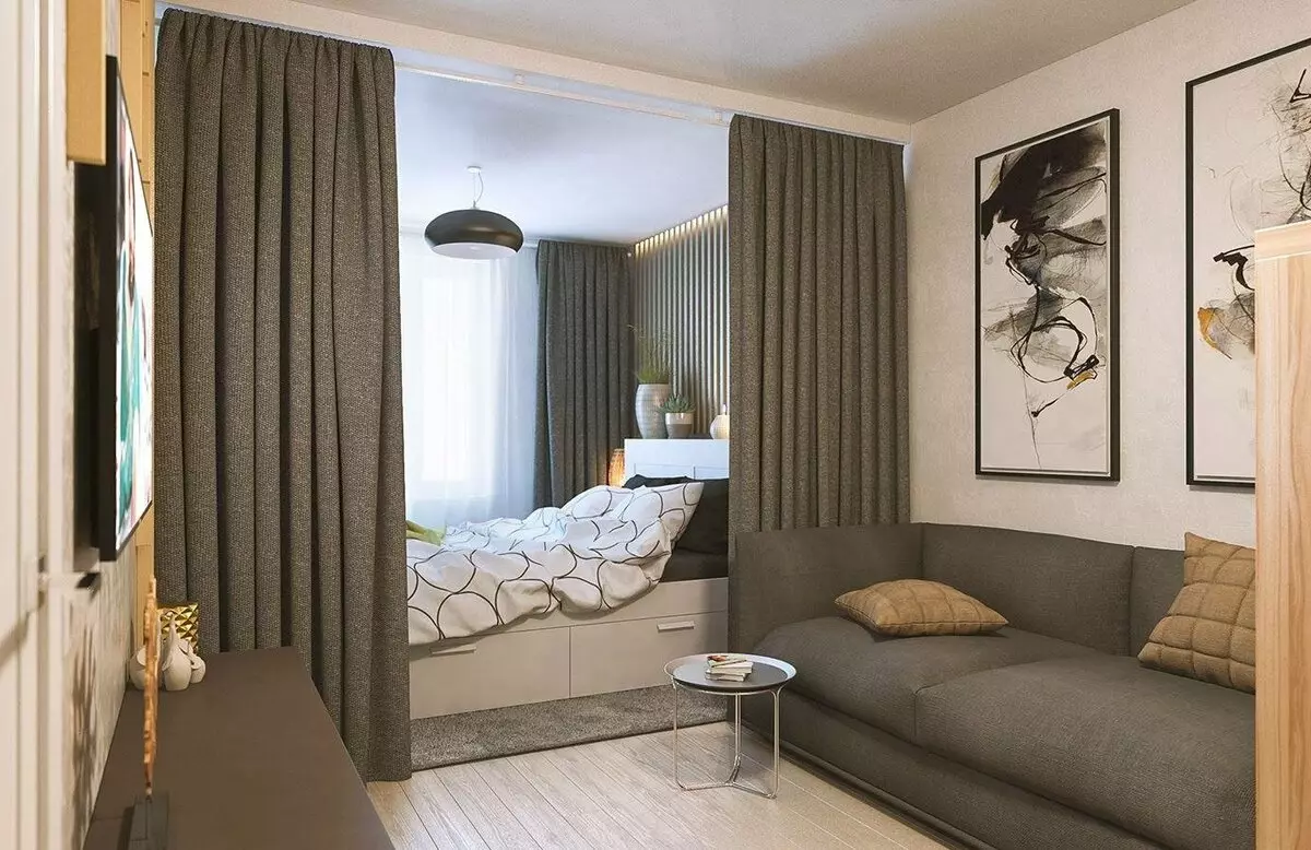Design hálószoba nappali 18 négyzetméter. M (79 Fotók): Két szoba belseje és zónája egy, a kombinált csarnok és a hálószobák szétválasztása a lakásban, a téglalap alakú szoba elrendezése 9814_41