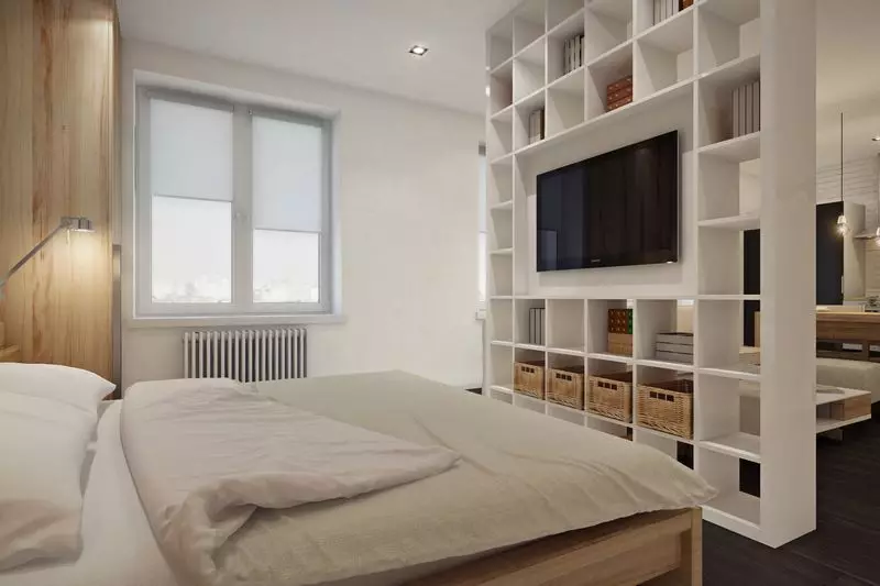 Desain kamar tidur ruang tamu 18 meter persegi. M (79 foto): Interior dan zonasi dua kamar dalam satu, pemisahan ruang gabungan dan kamar tidur di apartemen, tata letak ruang persegi panjang 9814_45