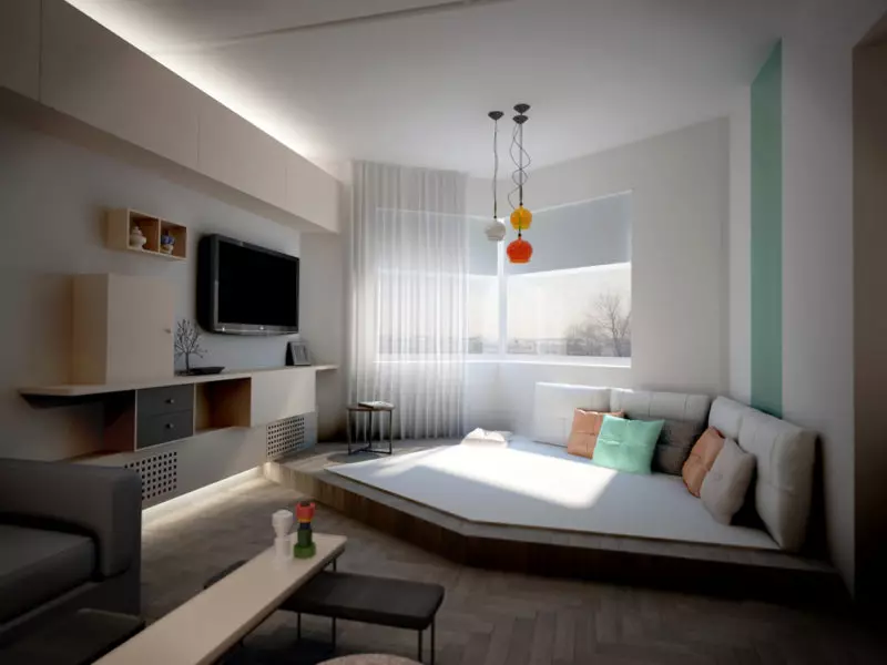 Desain kamar tidur ruang tamu 18 meter persegi. M (79 foto): Interior dan zonasi dua kamar dalam satu, pemisahan ruang gabungan dan kamar tidur di apartemen, tata letak ruang persegi panjang 9814_52